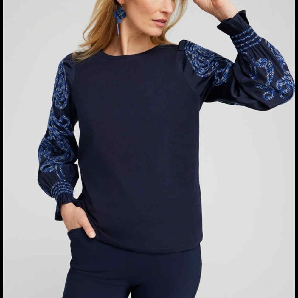 Chico's Dark Blue Blouse with Patterned Sleeves